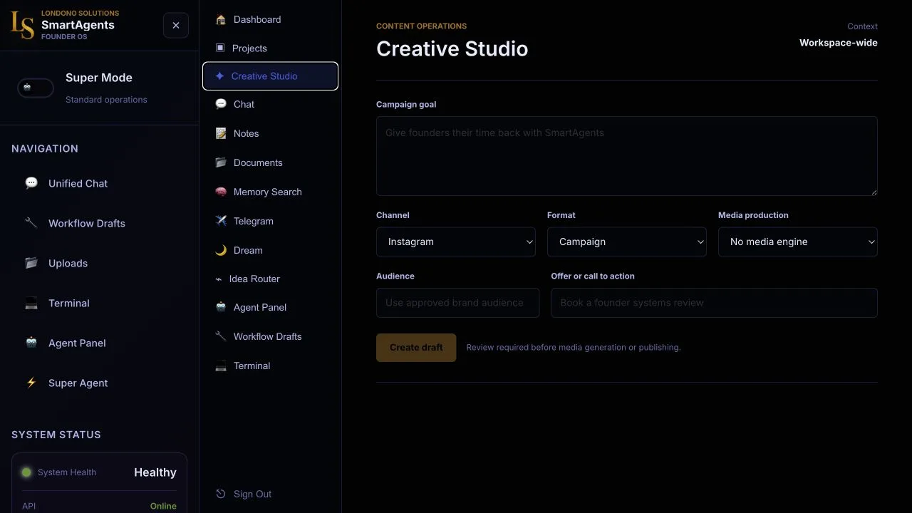 The real SmartAgents Creative Studio workspace